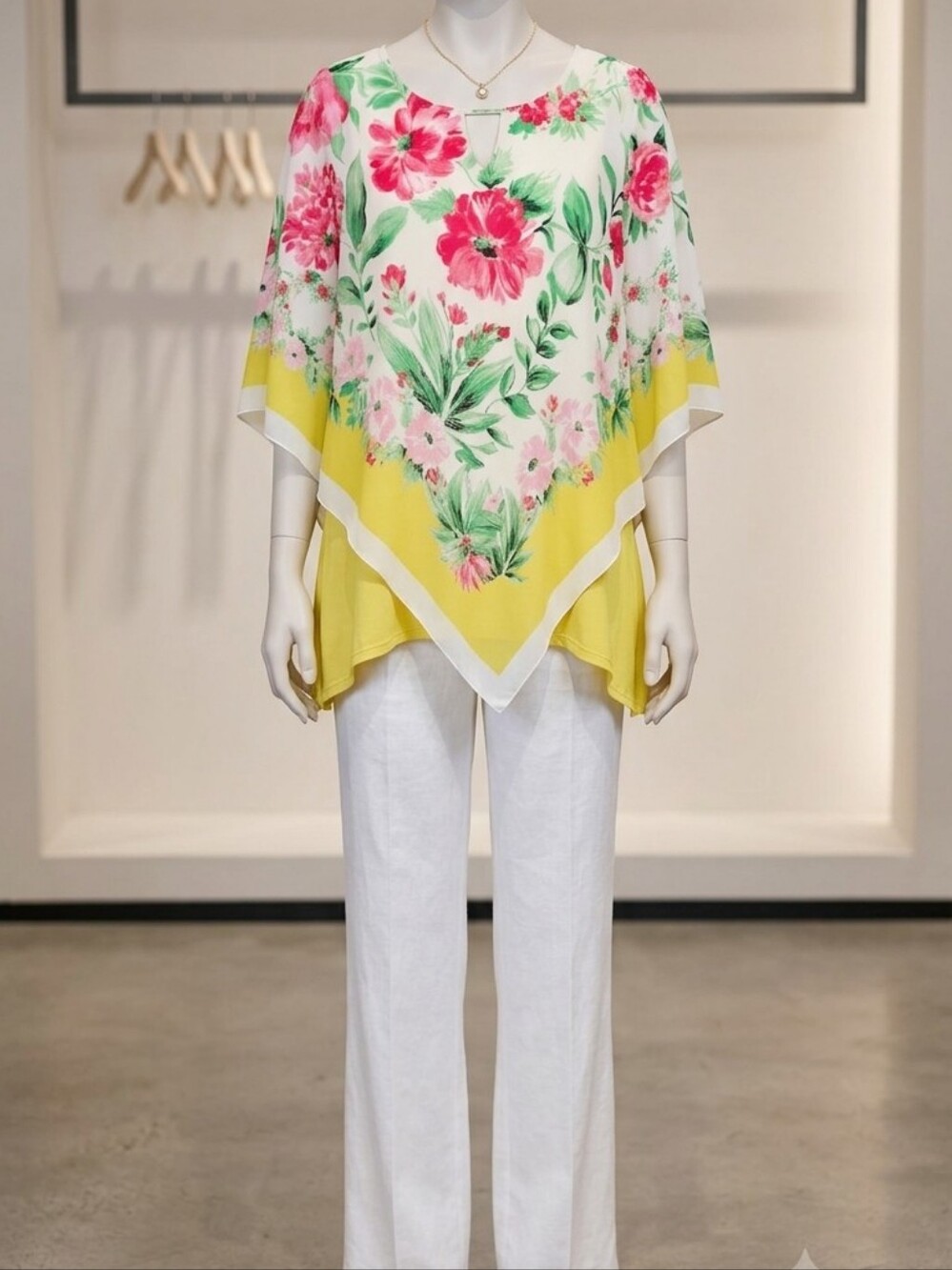 Investments Yellow Floral Poncho Top with Pink & Green Print